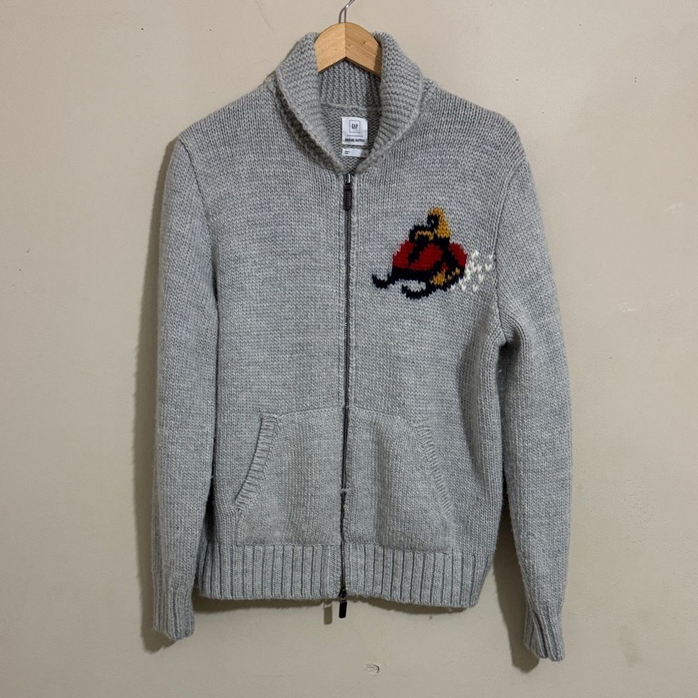 Gap x Michael Bastian Jet Ski Graphic Gray Wool Blend Zip-Up Cardigan size L